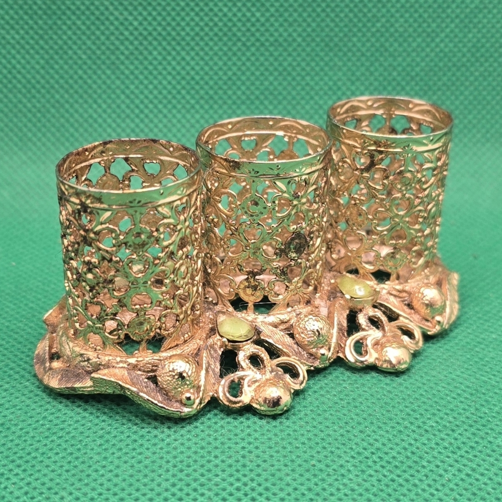 Vintage Brass Filigree Vanity Top Lipstick Holder Hollywood Regency